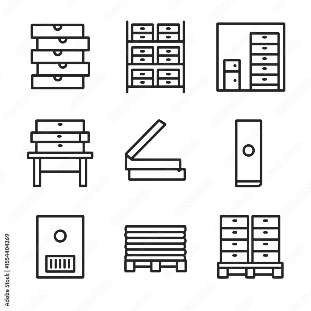 Poster pizza box storage icons. outline icon set of pizza box stacking and storage: stacked boxes, shelf ra