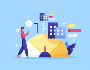 benchmarking concept. comparing and measuring the performance, practices, or processes of a company. illustration of a businessman viewing and analyzing business data. flat style design. blue