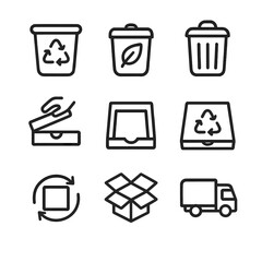 Pizza Recycling Icons. Outline icon set of Pizza Box Recycling and Disposal: recycling bin, compost bin, trash can, lid removal,