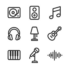 Coffeehouse Music Icons. Outline icon set of Coffeehouse Music & Ambiance: vinyl record player, speaker, musical note, headphone,