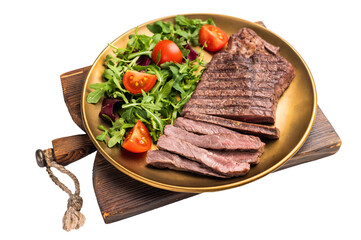 Roast dry aged Top Sirloin beef steak on plate with salad isolated on white background