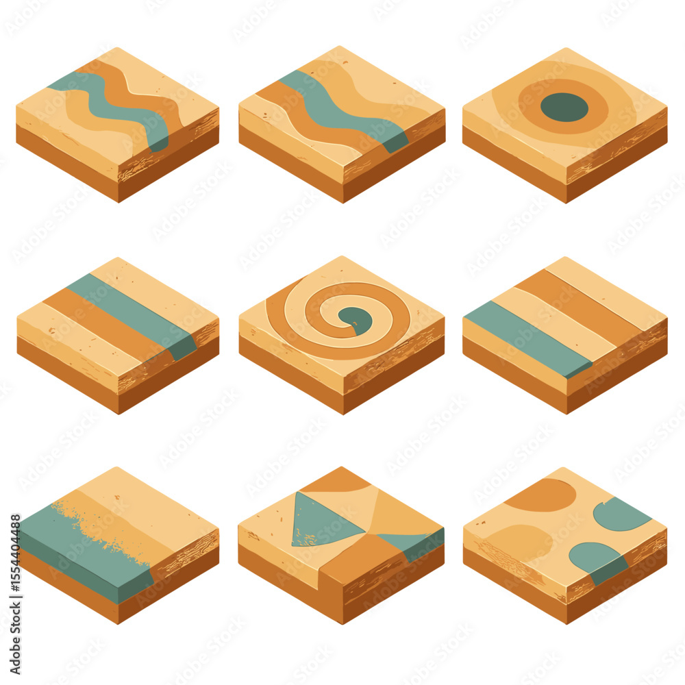 Poster colorful sand pattern icons. isometric flat icon set of colored sand layer patterns: zigzag pattern,