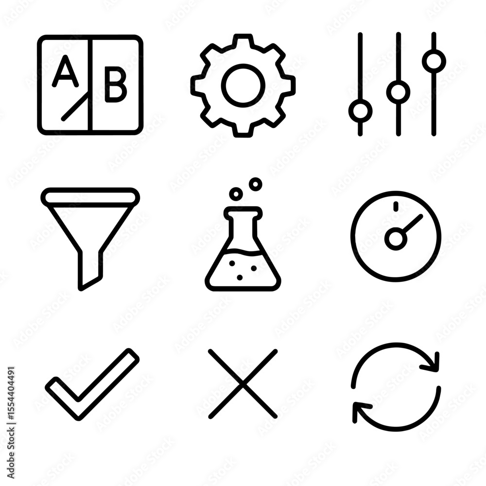 Poster optimization icon set. outline icon set of optimization and testing: a/b test icon, gear, slider con