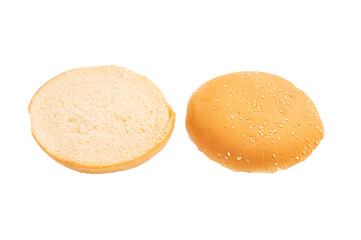 Baked burger buns isolated on white background. top view