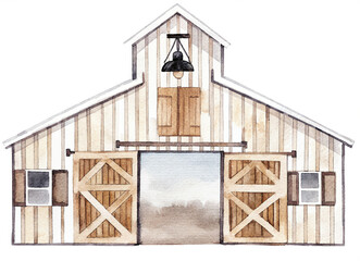 Watercolor illustration of a white barn on transparent background. © beyouenked