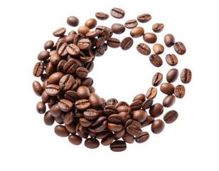 Flying Roasted Coffee Beans in Mid-Air Spiral Formation, isolated on transparent background