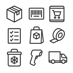 Online Order Icons. Outline icon set of Online Order Fulfillment: packing box, barcode label, order tablet, pick list, delivery