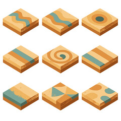 Colorful Sand Pattern Icons. Isometric Flat icon set of colored sand layer patterns: zigzag pattern, wave pattern, concentric