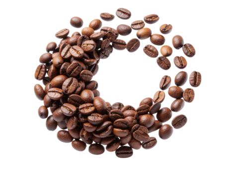 Flying Roasted Coffee Beans in Mid-Air Spiral Formation, isolated on transparent background