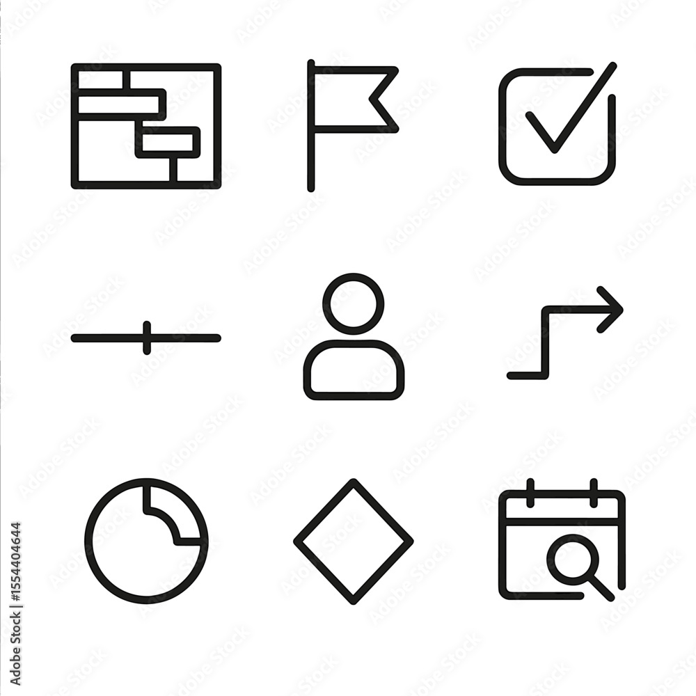 Aufkleber project management icons. outline icon set of project scheduling tools: gantt chart bar, milestone f