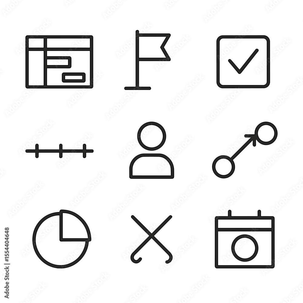 Poster project management icons. outline icon set of project scheduling tools: gantt chart bar, milestone f