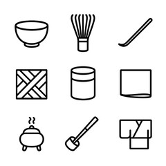 Oriental Tea Ceremony Icons. Outline icon set of oriental tea ceremony: chawan bowl, chasen whisk, chashaku scoop, tatami mat, tea