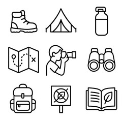Outdoor Activity Icons. Outline icon set of low-impact outdoor activities: hiking boots, camping tent, reusable water bottle,