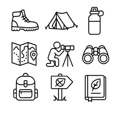 Outdoor Activity Icons. Outline icon set of low-impact outdoor activities: hiking boots, camping tent, reusable water bottle,