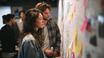 Obraz premium Creative team looking at design on wall board, idea sharing session, space for text left