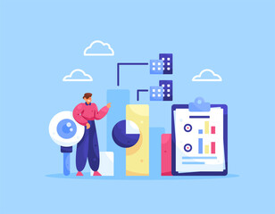 benchmarking concept. comparing and measuring the performance, practices, or processes of a company. illustration of a businessman viewing and analyzing business data. flat style design. blue