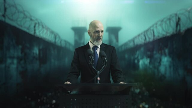 A stern prison warden gives an angry speech in a barbed-wire prison yard