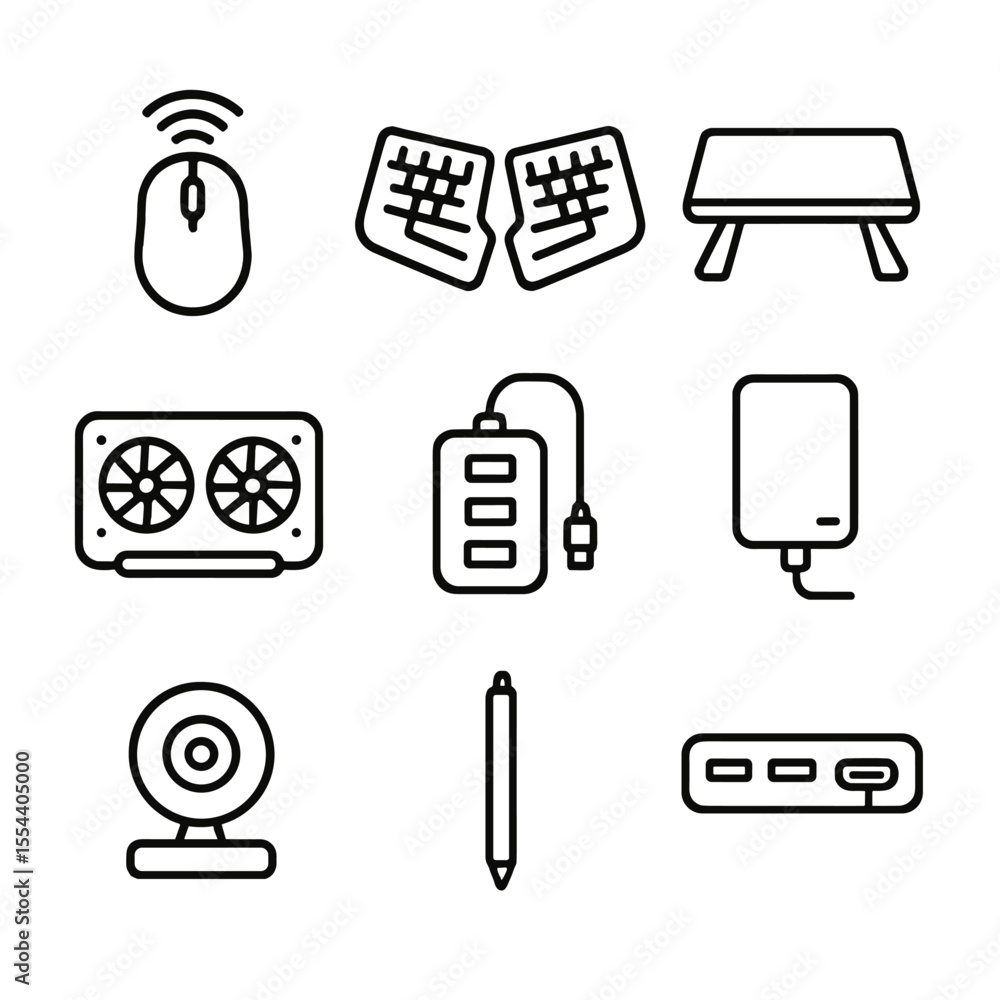 Aufkleber computer accessories icons. outline icon set of computer peripherals and accessories: wireless mouse