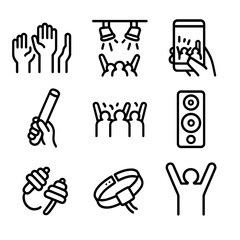 Fototapeta premium Concert Icons Collection. Outline icon set of concert audience excitement: raised hands, stage lights, smartphone recording, glow