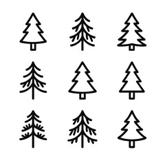 Pine Tree Line Icons. Outline icon set of pine tree species: Scots pine, Eastern white pine, Ponderosa pine, Jack pine, Lodgepole