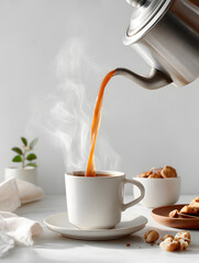 hot masala tea being poured from a traditional metal kettle into a cup.