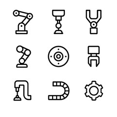 Robotic Arm Icon Set. Outline icon set of Robotic Arms and End Effectors: 6-axis arm, suction cup gripper, pneumatic gripper,