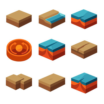 Plate Tectonics Icons. Isometric Flat icon set of plate tectonics concepts: tectonic plate, continental shelf, oceanic crust,