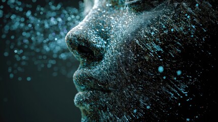 Digital human face made of code and data particles, artificial intelligence visualization, space for branding