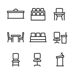 Courtroom Icon Set. Outline icon set of Courtroom Layout with Empty Chairs: judge’s bench, jury box chairs, witness stand stool,