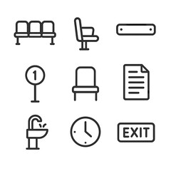 Obraz premium Courtroom Icon Set. Outline icon set of Spectator Gallery with Vacant Benches: bench row segment, armrest, backrest slat, aisle