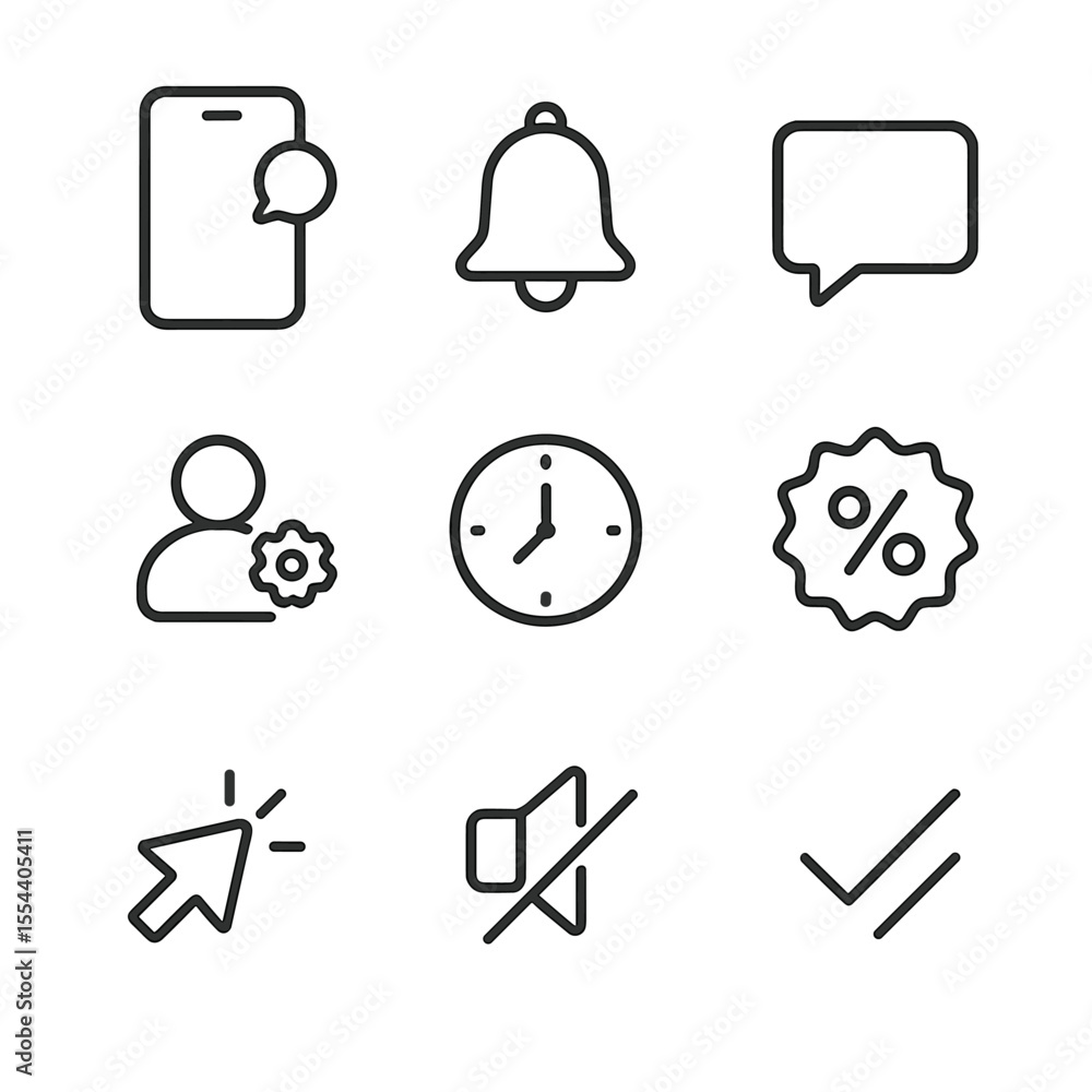 Poster push notification icons. outline icon set of personalized push notifications: smartphone, notificati