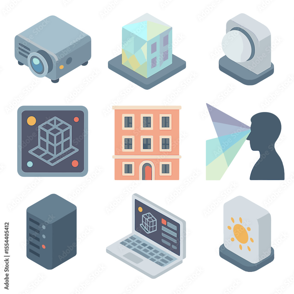 Poster projection mapping icons. isometric flat icon set of projection mapping installations: projector, 3d