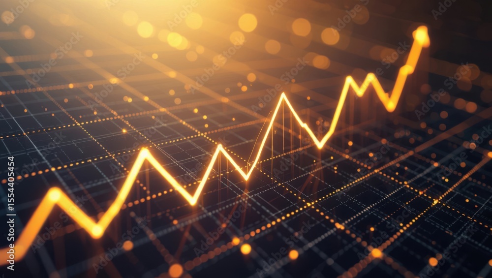 Aufkleber glowing orange line graph showing upward trend over digital grid with bokeh effect