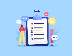 concept of questionnaire, survey, poll, questions or quiz. document for collecting information data. illustration of a man or respondent with clipboard and question form. flat style design. blue
