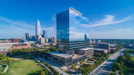 Aerial view of modern glass skyscrapers in charonderstone, North Carolina skyline with downtown buildings and blue sky.