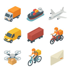 Shipping Methods Icons. Isometric Flat icon set of shipping methods: delivery truck, cargo ship, freight airplane, courier van,