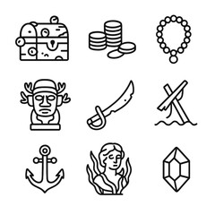 Fototapeta premium Shipwreck Treasure Icons. Outline icon set of sunken shipwreck treasures: barnacle-encrusted chest, gold coins, pearl necklace,