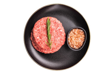 Raw veal and beef minced meat cutlets for burgers with herbs on plate isolated on white background