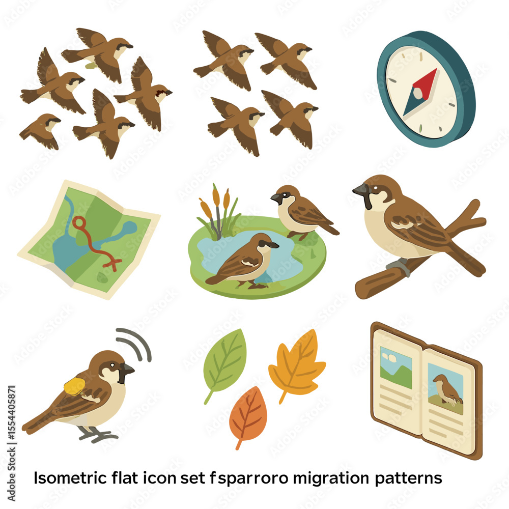 Leinwandbilder sparrow migration icons. isometric flat icon set of sparrow migration patterns: migrating sparrow fl