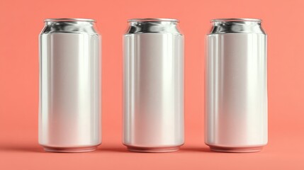 three slim aluminum cans mockup on coral background, beverage branding and soda drink packaging
