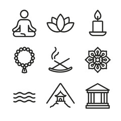 Spiritual Solitude Icons. Outline icon set of spiritual solitude: meditation pose, lotus flower, candle flame, incense stick,