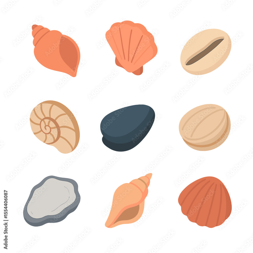 Poster seashell icon grid. isometric flat icon set of seashell varieties: conch shell, scallop shell, cowri