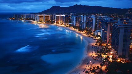 View of Hawaii beach in Oahu at night and hotel building with Hawaii mountains in the background. Illustration of popular places in the world.