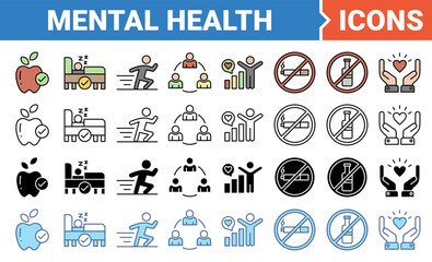 Mental health icon set with multiple style collection.