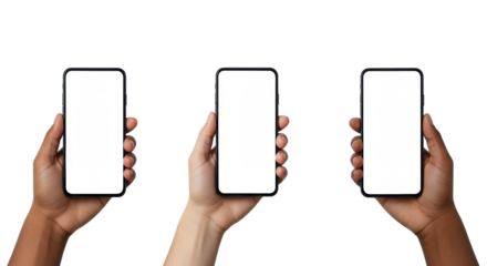 Three diverse adult hands with light, medium, and dark skin tones gently holding modern, sleek black smartphones with empty white screens vertically, against a transparent background with copy