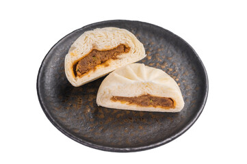 Baozi Bun, Chinese Steamed bun with meat on plate isolated on white background. top view