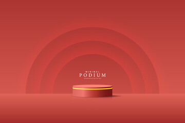 3D product Minimal display stand. Red color cylinder stand podium on a red background. Abstract geometric shapes in a simple design. Fashion stage mockup scene. Studio product display stand.