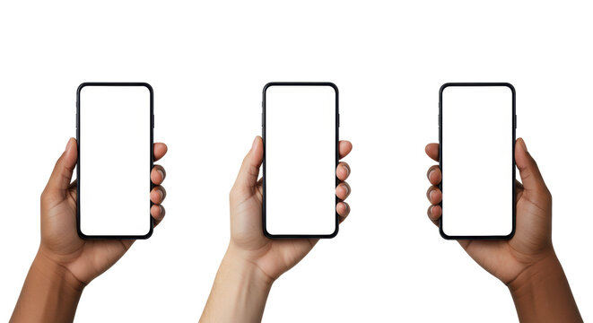 Three diverse adult hands with light, medium, and dark skin tones gently holding modern, sleek black smartphones with empty white screens vertically, against a transparent background with copy