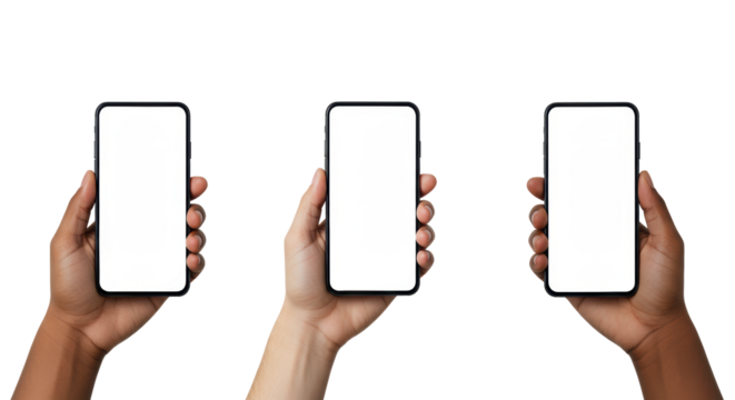 Three diverse adult hands with light, medium, and dark skin tones gently holding modern, sleek black smartphones with empty white screens vertically, against a transparent background with copy - Powered by Adobe