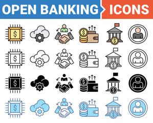 Open banking icon set with multiple style collection.